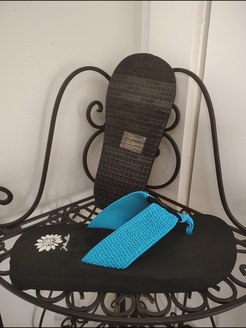 Yellow Box Black Sandals with Bright Turquoise Straps - Picture 2 of 3